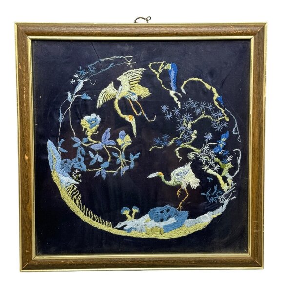 Antique Chinese Embroidered Silk Framed Art Birds & Floral Design 13.5 SQ READ - Picture 1 of 9